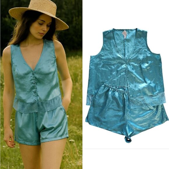 VTG 80s Turquoise Satin Sleeveless Top And Shorts Pajama Set Size 1X *Med/ Lrg - Picture 1 of 15